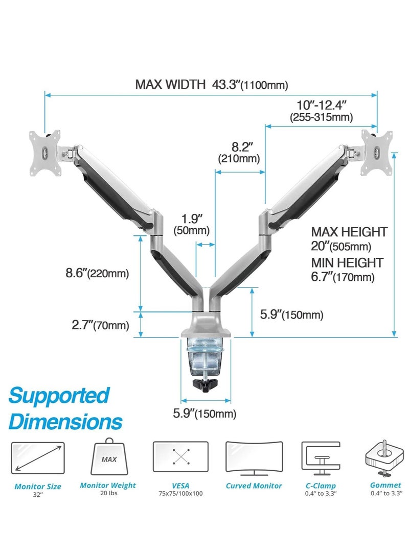 Premium Aluminum Gas Spring Monitor Mounting Arm - Dual - Heavy Duty Holds 13" to 32" Screens, Up to 19.8 lbs Each, VESA 75x75 or 100x100 - Image 2