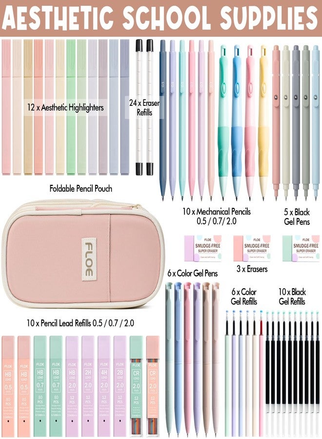 FLOE 65PCS Aesthetic School Supplies with Cute Pencil Case, Pastel Highlighters Gel Pens Mechanical Pencils Set 0.5 0.7 & 2.0mm, Office Back to School Supplies College Essentials Kit Student Stationary Set - Image 2