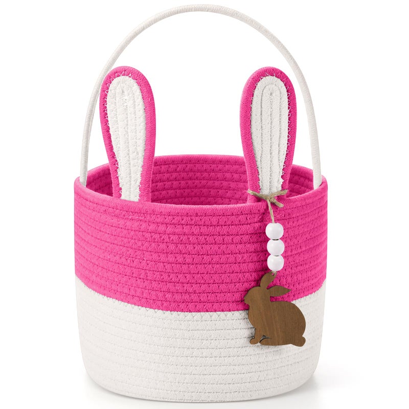 SiliFine Easter Basket for Kids Easter Bunny Basket with Name Tag Detachable Rabbit Ear Rustic Woven Gift for Girl Boy Baby Spring Party Decoration SuppliesHot Pink9 X 75 - Image 2