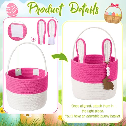 SiliFine Easter Basket for Kids Easter Bunny Basket with Name Tag Detachable Rabbit Ear Rustic Woven Gift for Girl Boy Baby Spring Party Decoration SuppliesHot Pink9 X 75 - Image 3
