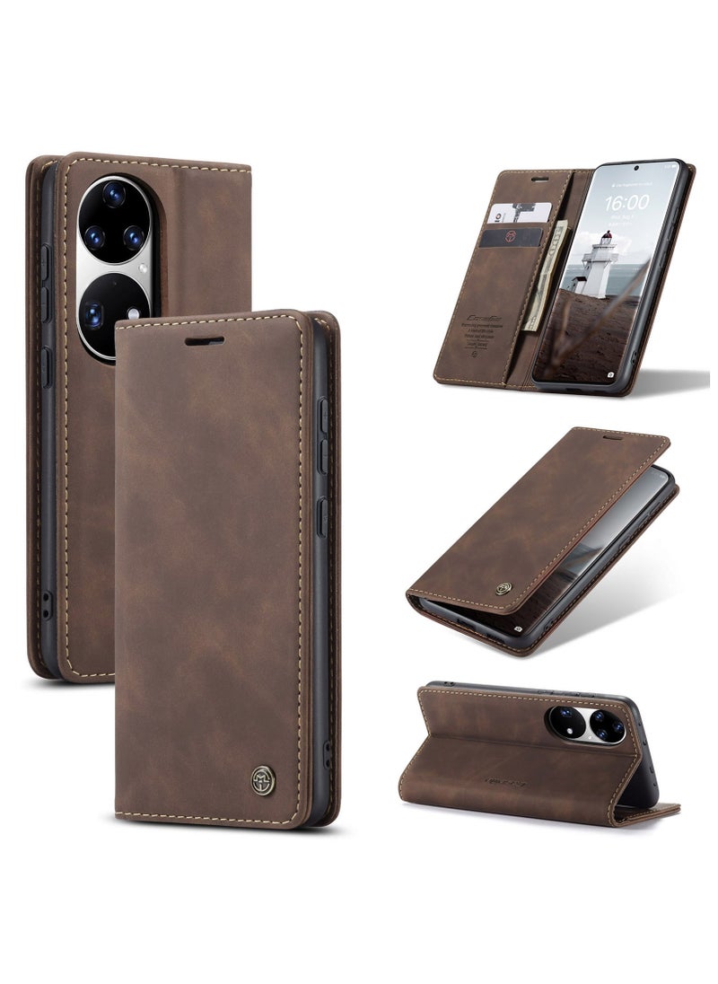 CaseMe CaseMe Huawei P50 Pro Case Wallet, for Huawei P50 Pro Wallet Case Book Folding Flip Folio Case with Magnetic Kickstand Card Slots Protective Cover - Coffee  - Image 1
