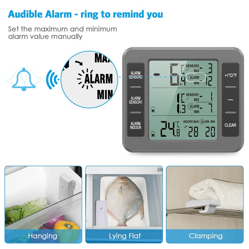 AMIR Upgraded Refrigerator Thermometer, Wireless Indoor Outdoor Thermometer, Sensor Temperature Monitor with Audible Alarm Temperature Gauge for Freezer Kitchen Home (Battery not Included, Grey) - Image 4