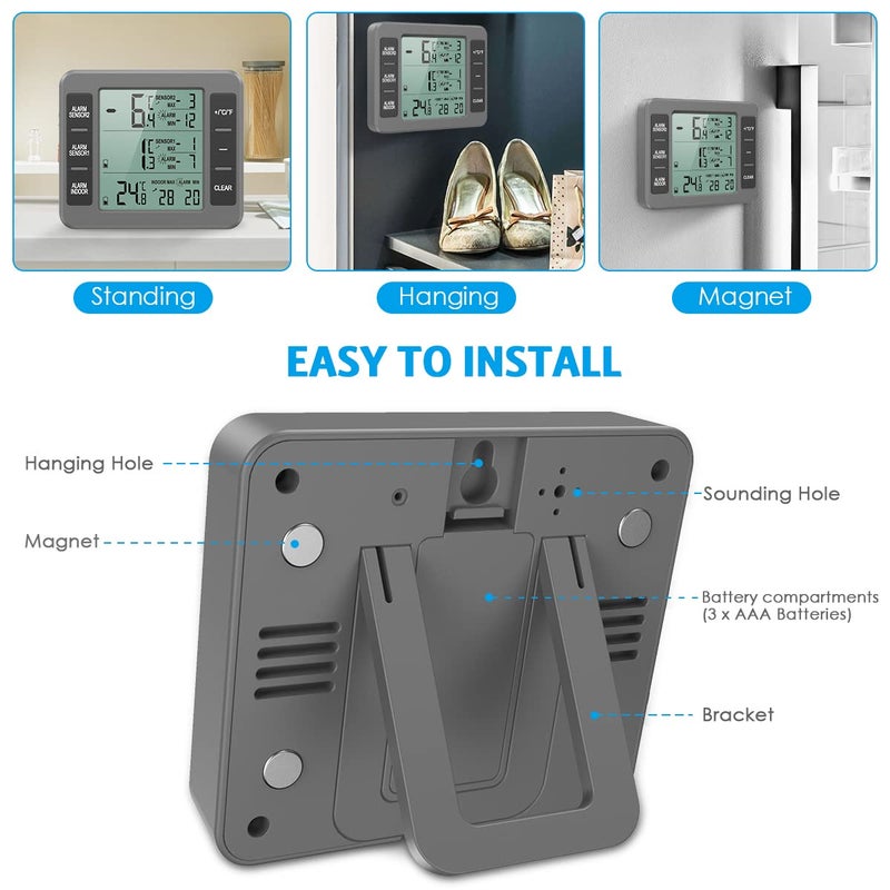 AMIR Upgraded Refrigerator Thermometer, Wireless Indoor Outdoor Thermometer, Sensor Temperature Monitor with Audible Alarm Temperature Gauge for Freezer Kitchen Home (Battery not Included, Grey) - Image 3