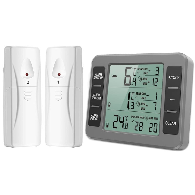 AMIR Upgraded Refrigerator Thermometer, Wireless Indoor Outdoor Thermometer, Sensor Temperature Monitor with Audible Alarm Temperature Gauge for Freezer Kitchen Home (Battery not Included, Grey) - Image 1