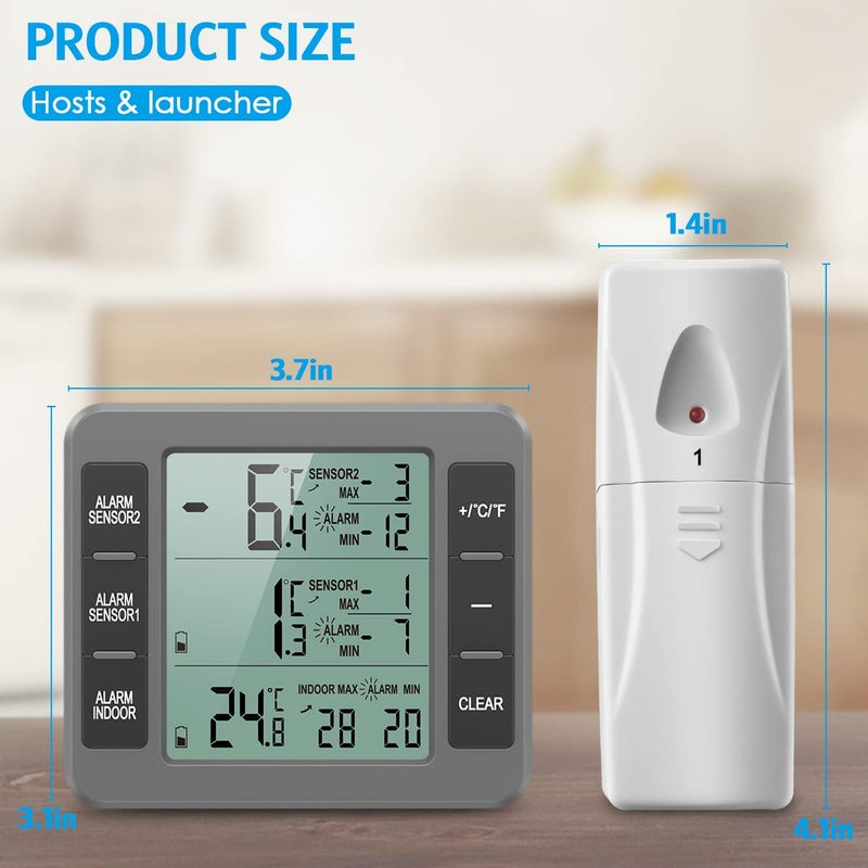 AMIR Upgraded Refrigerator Thermometer, Wireless Indoor Outdoor Thermometer, Sensor Temperature Monitor with Audible Alarm Temperature Gauge for Freezer Kitchen Home (Battery not Included, Grey) - Image 5