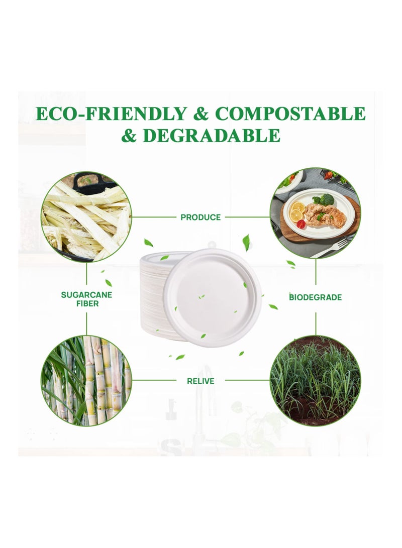 SYOSI 150 Pack Paper Plates 9 inch 100% Compostable Plates {PFAS-Free} - {BPI Certified} Heavy-Duty Disposable Paper Plates Bagasse Natural Biodegradable Eco-Friendly Sugarcane Plates（White） - Image 3