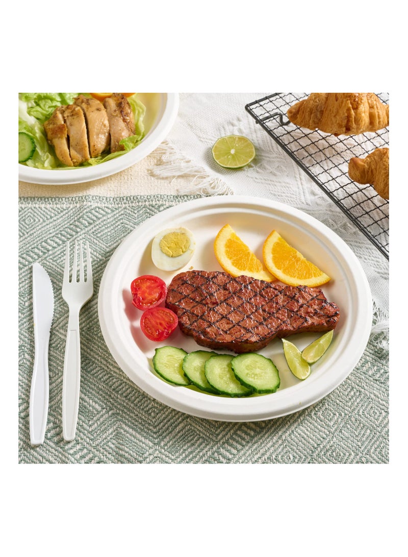 SYOSI 150 Pack Paper Plates 9 inch 100% Compostable Plates {PFAS-Free} - {BPI Certified} Heavy-Duty Disposable Paper Plates Bagasse Natural Biodegradable Eco-Friendly Sugarcane Plates（White） - Image 4