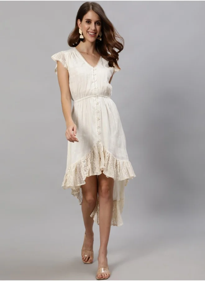آي شين Aline Fit Self Design Pattern Round Neck 3/4 sleeve Off White Colour Woven Cotton Dresses for Women with Semi Elastic Closure - Unmatched Grace and Comfort