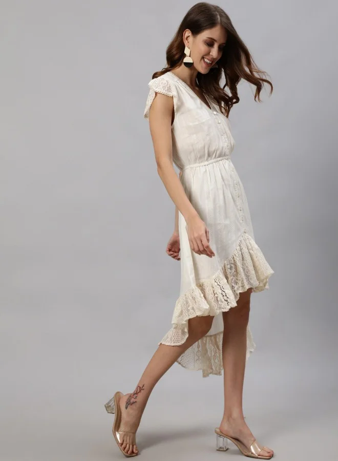 ISHIN Women's Off White 100% Cotton Self Design A-Line Dress