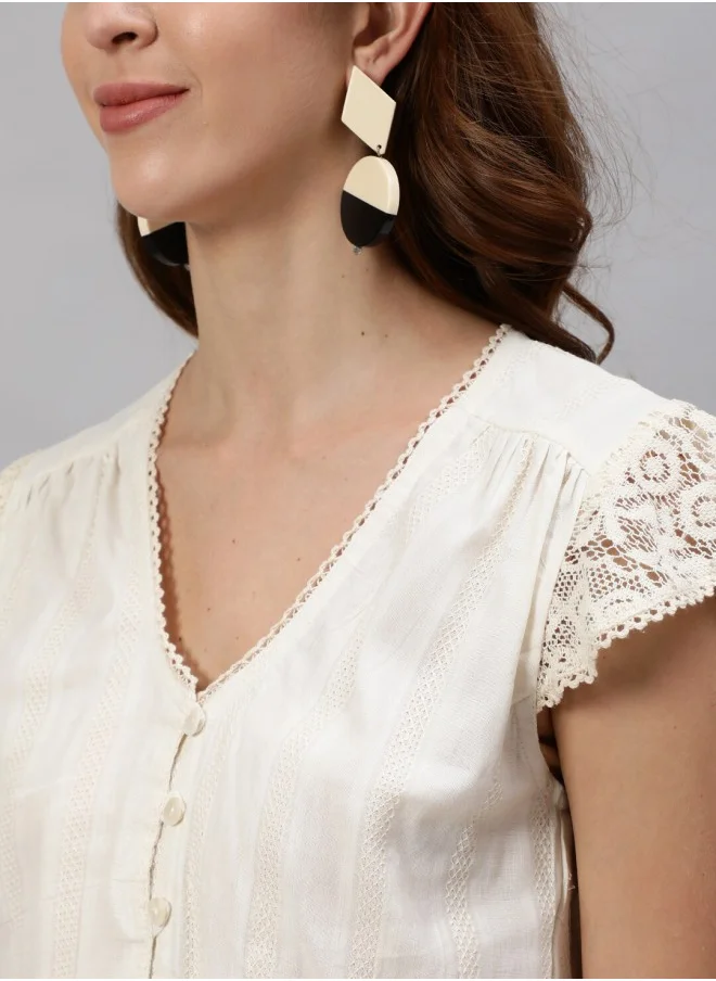 آي شين Aline Fit Self Design Pattern Round Neck 3/4 sleeve Off White Colour Woven Cotton Dresses for Women with Semi Elastic Closure - Unmatched Grace and Comfort