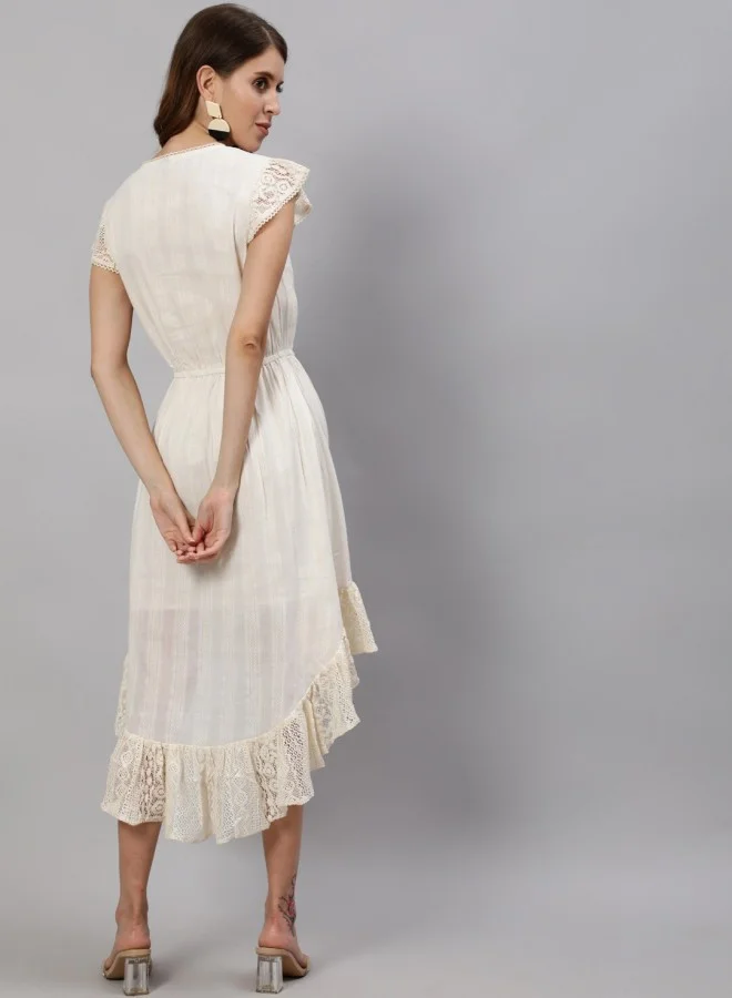 ISHIN Women's Off White 100% Cotton Self Design A-Line Dress