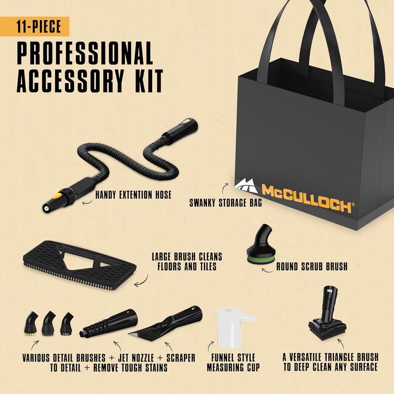 McCulloch MC1230 Handheld Steam Cleaner, 10 Minute Runtime, 11 Accessories: Jet Nozzle, Brushes, & More - Built for Home, Tile, Grout, Carpet, Furniture, & Personal Car Detailing - Image 5