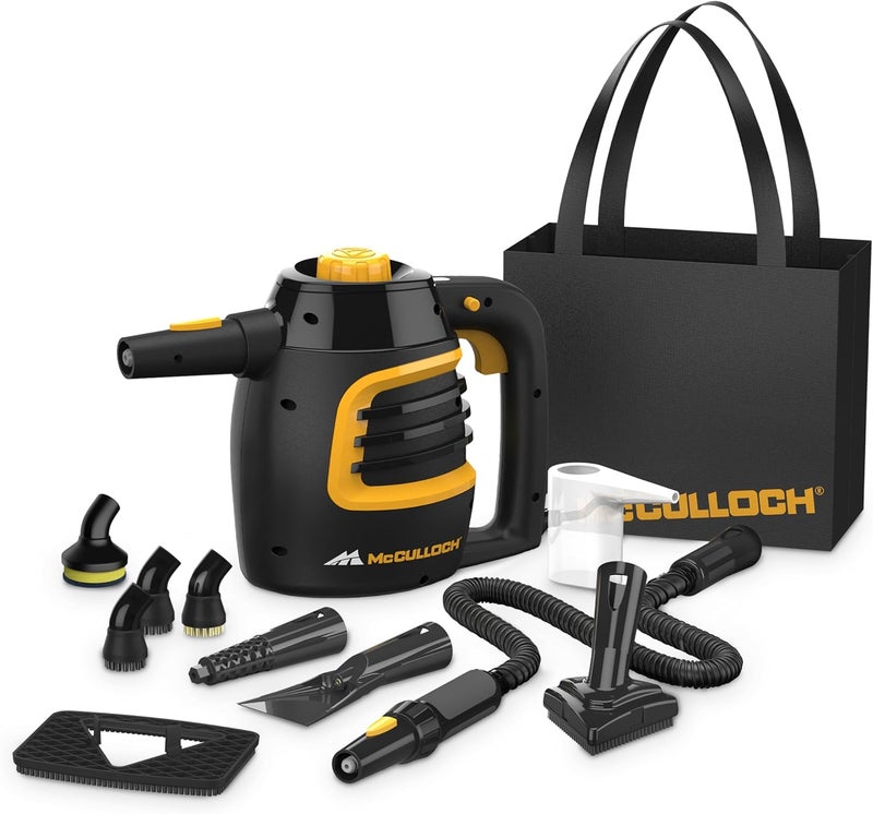 McCulloch MC1230 Handheld Steam Cleaner, 10 Minute Runtime, 11 Accessories: Jet Nozzle, Brushes, & More - Built for Home, Tile, Grout, Carpet, Furniture, & Personal Car Detailing - Image 1