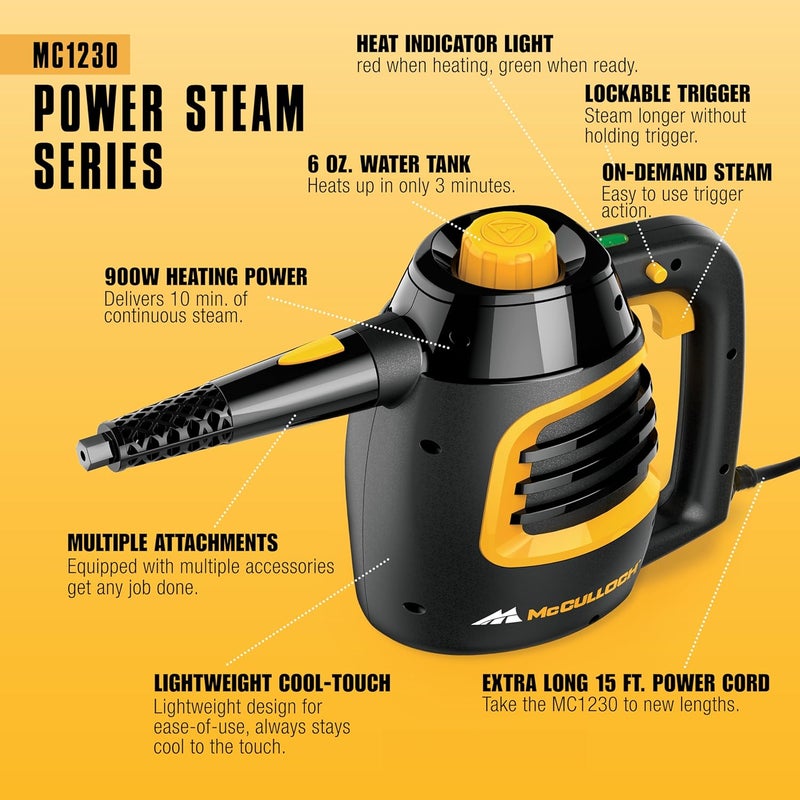 McCulloch MC1230 Handheld Steam Cleaner, 10 Minute Runtime, 11 Accessories: Jet Nozzle, Brushes, & More - Built for Home, Tile, Grout, Carpet, Furniture, & Personal Car Detailing - Image 4