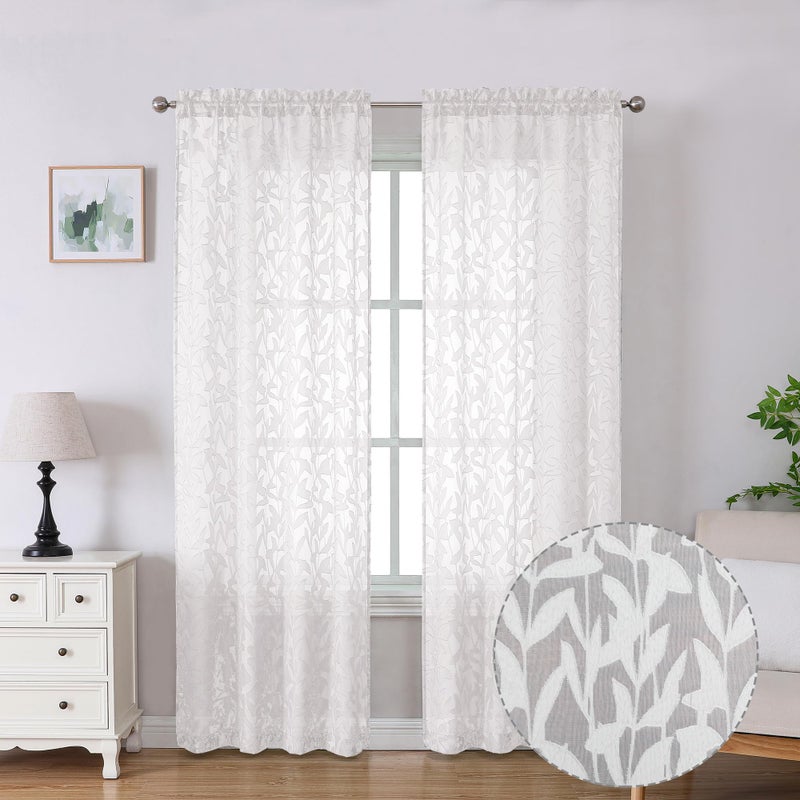 Lecloud Leia White Sheer Curtains 84 Inches Long 2 Panels, Semi Sheer Jacquard Clip Leaves Texture Dual Rod Pockets Living Room Curtains, Airy Gauzy Drapes for Bedroom, 38x84 Inch - Image 1