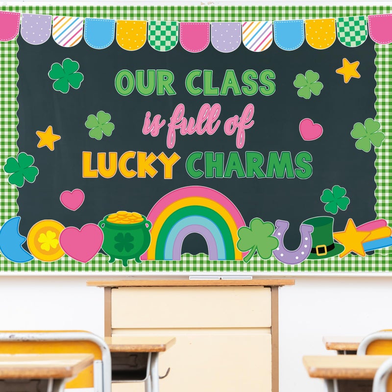 FYSUIMU St. Patrick's Day Bulletin Board Decorations Our Class is Full of Lucky Charms Shamrock Clover Cutouts for Irish Holiday Classroom School Chalkboard Wall Decor - Image 4