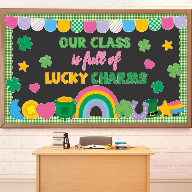 FYSUIMU St. Patrick's Day Bulletin Board Decorations Our Class is Full of Lucky Charms Shamrock Clover Cutouts for Irish Holiday Classroom School Chalkboard Wall Decor - Image 1