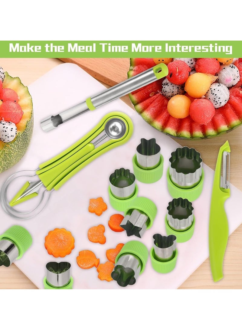 14 PCS Melon Baller Scoop Set - 4 in 1 Stainless Steel Fruit Tool Kit with Fruit Scooper, Seed Remover, Peeler & Vegetable Cutter Shapes, for Melons, Avocado, and More