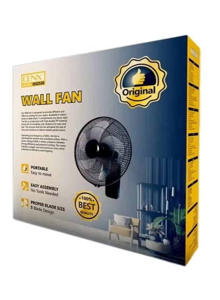 Denx 16 Inch Wall Fan High Performance Cooling Fan with 3 Speed Control, 5 Leaf Blades, Dual Pull Cord Operation, Adjustable Tilt Angle, Energy Efficient Air Circulation - Image 2