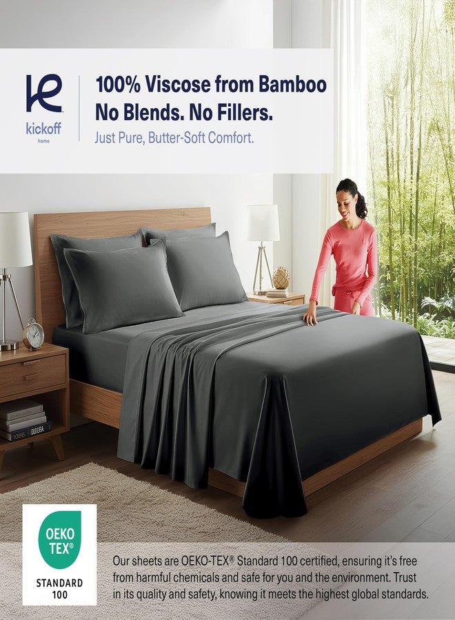 Kickoff Home 100% Organically grown Viscose Bamboo 4-pc Bedding Sheet Set, King Size, Cooling & Breathable, Double Stitching, Flat & Fitted Sheets, Pillowcases Pillow Covers (King, Pewter) - Image 2