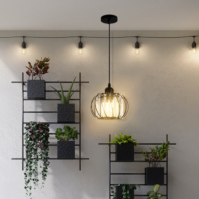 Simple and Modern Hanging Wire Style Glass lantern Pendant Light with Warm Light 12W Corridor Porch Balcony Black - Image 5