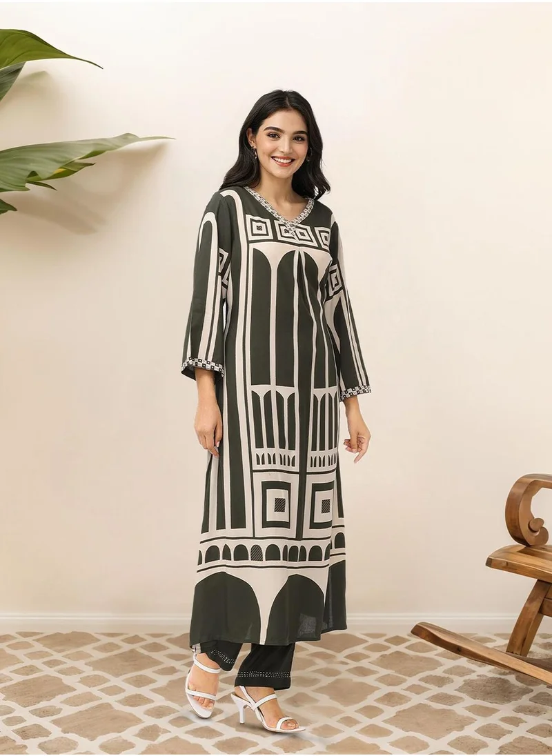 ISHIN Women's Mehendi 100% Cotton Embellished Tunic Full Length Casual Straight Fit Kurta Set