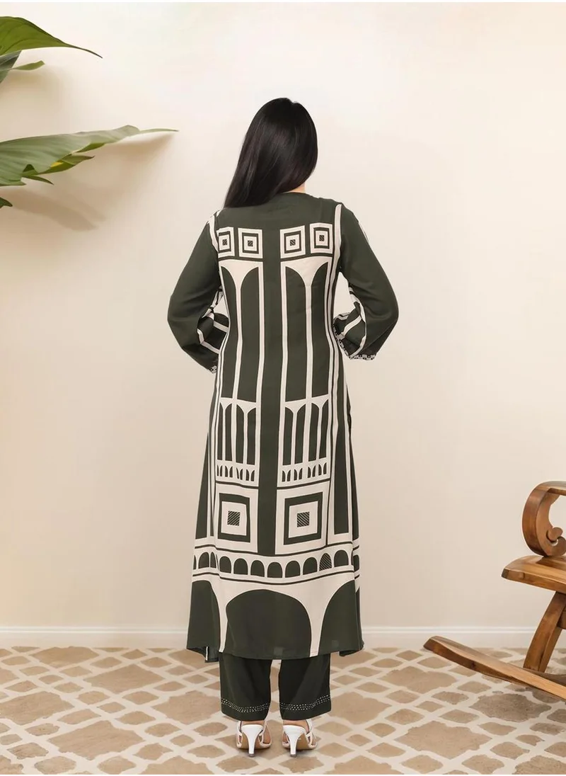 ISHIN Women's Mehendi 100% Cotton Embellished Tunic Full Length Casual Straight Fit Kurta Set