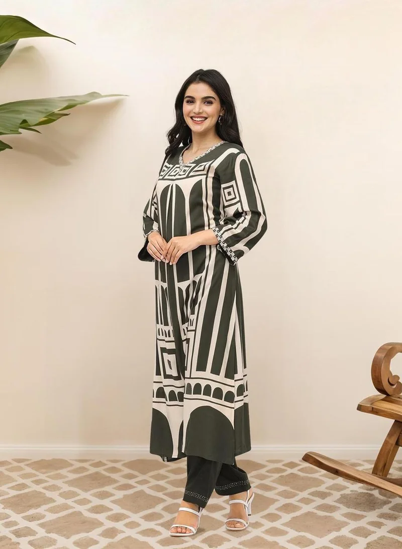 ISHIN Women's Mehendi 100% Cotton Embellished Tunic Full Length Casual Straight Fit Kurta Set