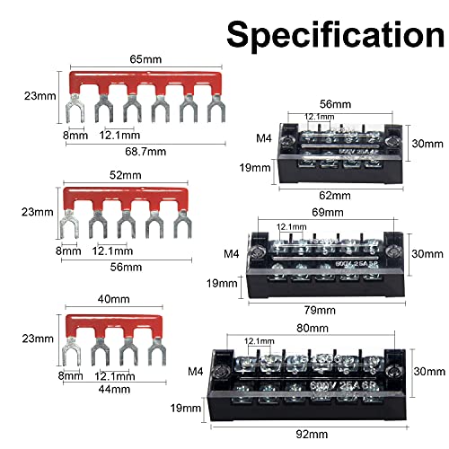 MILAPEAK Terminal Block and Strip - 6 Sets 4/5/6 Positions 600V 25A Dual Row Wire Screw Terminal Strip Block with Cover + 400V 25A Pre-Insulated Terminals Barrier Strips Jumpers (Black & Red) - Image 2