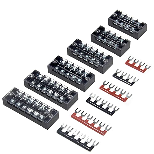 MILAPEAK Terminal Block and Strip - 6 Sets 4/5/6 Positions 600V 25A Dual Row Wire Screw Terminal Strip Block with Cover + 400V 25A Pre-Insulated Terminals Barrier Strips Jumpers (Black & Red) - Image 1