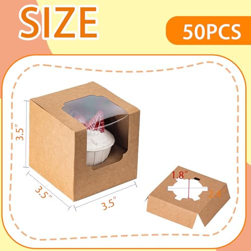 BOOMIBOO 50 Pack Individual Cupcake Containers Cupcake Boxes with Window Food Grade Cupcake Holders with Inserts Stackable Deep Cupcake Carrier Easy Transport and Presentation Brown - Image 3