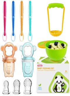 Baby Food Feeder Fruit Feeder Pacifier (2 Pack) with 3 Different Sized Silicone Pacifiers, Mash and Serve Bowl with 4 Baby Spoons Silicone Soft-Tip Infant Spoon, Baby First Stage Feeding Set by MICHEF