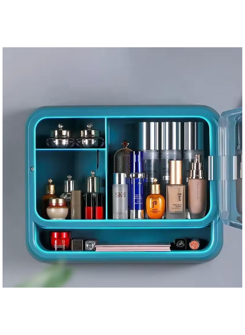 Soofam Multifunctional Household Wall-Mounted Cosmetic Storage Box Plastic Waterproof Dustproof Makeup Organizer Bathroom Bedroom, Wall Floating Shelves Organizer Blue Multi-Function Floating Rack (Blue) - Image 5