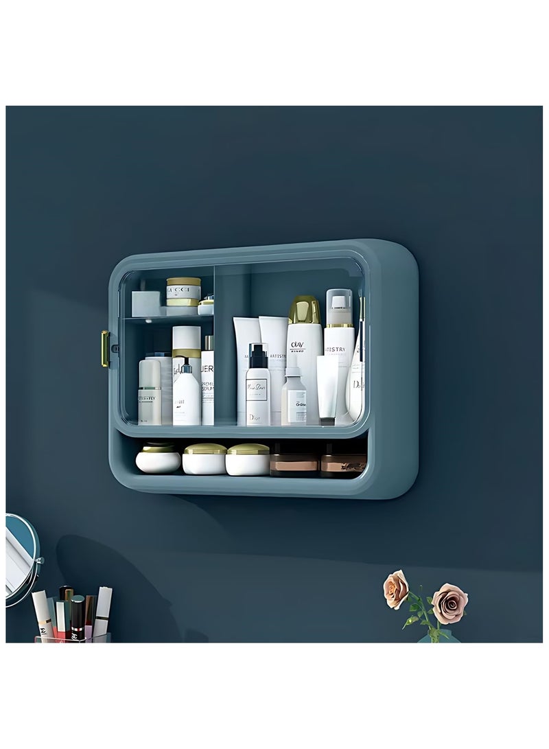 Soofam Multifunctional Household Wall-Mounted Cosmetic Storage Box Plastic Waterproof Dustproof Makeup Organizer Bathroom Bedroom, Wall Floating Shelves Organizer Blue Multi-Function Floating Rack (Blue) - Image 4