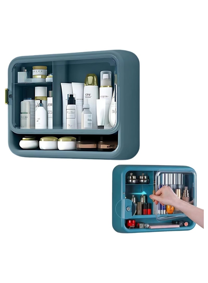 Soofam Multifunctional Household Wall-Mounted Cosmetic Storage Box Plastic Waterproof Dustproof Makeup Organizer Bathroom Bedroom, Wall Floating Shelves Organizer Blue Multi-Function Floating Rack (Blue) - Image 1