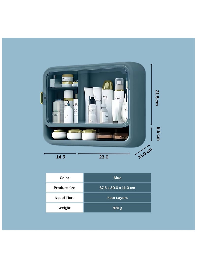 Soofam Multifunctional Household Wall-Mounted Cosmetic Storage Box Plastic Waterproof Dustproof Makeup Organizer Bathroom Bedroom, Wall Floating Shelves Organizer Blue Multi-Function Floating Rack (Blue) - Image 2