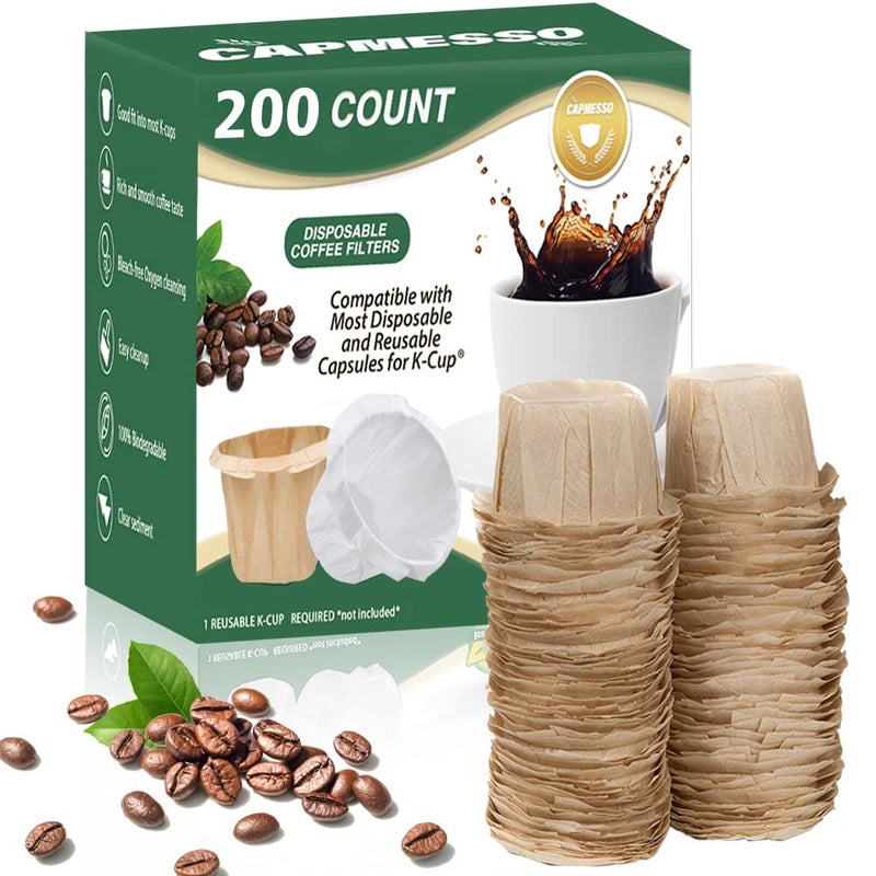 CAPMESSO Disposable Coffee Paper Filters, 200 Count Keurg Cup Coffee Filters Compatible with Keurig Brewers Reusable Single Serve 1.0 and 2.0 Coffee Maker (200 Count, Unbleached) - Image 1