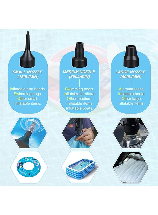 HOOKOR Electric Air Pump Home/Car Use Airbed Pump Quick Electric Air Pump With 3 Nozzles For Inflator/Deflator Pumps For Outdoor Camping Inflatable Cushions Air Mattress Beds Boats Raft Pool - Image 2