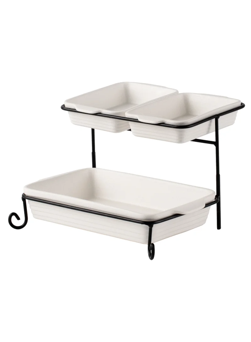 Shallow Shallow Porcelain 2-Tier Rectangular Serving Set with Black Stand Rack - 2x 20cm and 30cm
