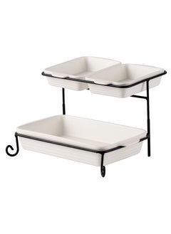 Shallow Shallow Porcelain 2-Tier Rectangular Serving Set with Black Stand Rack - 2x 20cm and 30cm  - Image 1