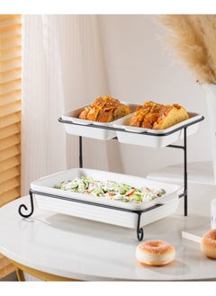 Shallow Shallow Porcelain 2-Tier Rectangular Serving Set with Black Stand Rack - 2x 20cm and 30cm  - Image 2