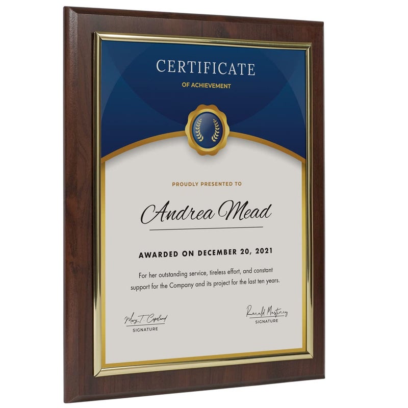 105 x 13 Certificate Display Plaque Offered in Coated Cherry Wood with an 85 x 11 Gold Frame Slide in Your Diploma Award Certificate Award of Achievement Class Photo and More