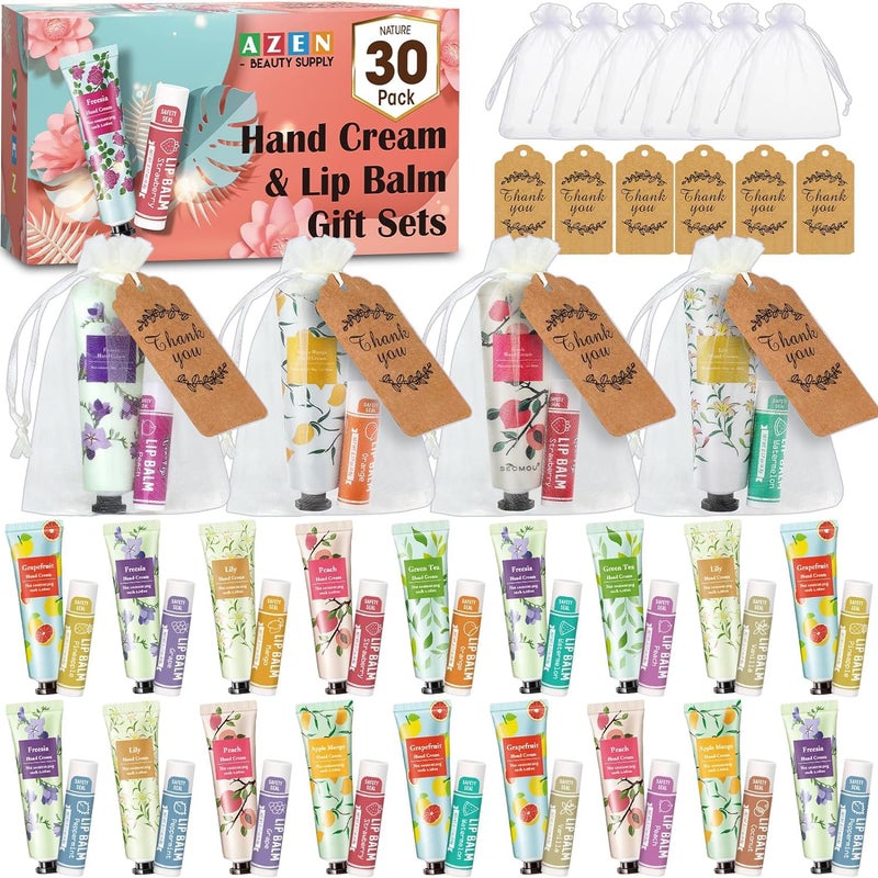 AZEN 30 Sets Bulk Gifts, Hand Cream and Lip Balm Bulk Set with Organza Bag Thank You Card, Baby Shower Wedding Gifts for Guests, Bridal Wedding Favors for Guests,Thank You Gifts for Women - Image 1