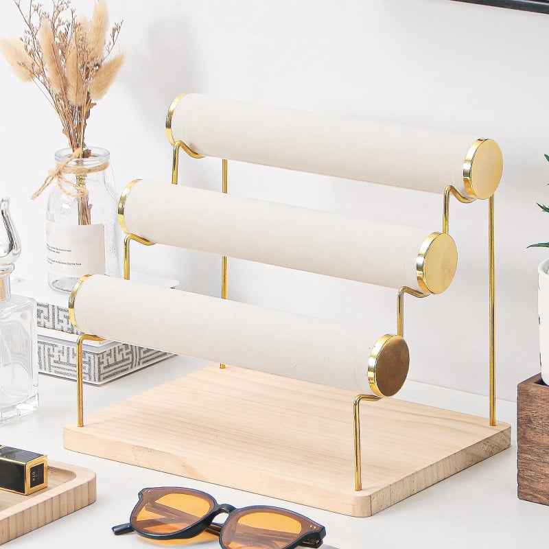 Pengup Bracelet Holder, Bracelet Displays for Vendors, 3 Tier Jewelry Organizer Stand for Selling, Jewelry Necklaces Storage Rack with Wood Base (Beige+Gold) - Image 4