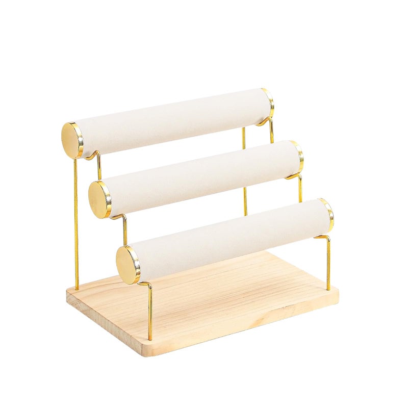 Pengup Bracelet Holder, Bracelet Displays for Vendors, 3 Tier Jewelry Organizer Stand for Selling, Jewelry Necklaces Storage Rack with Wood Base (Beige+Gold) - Image 1