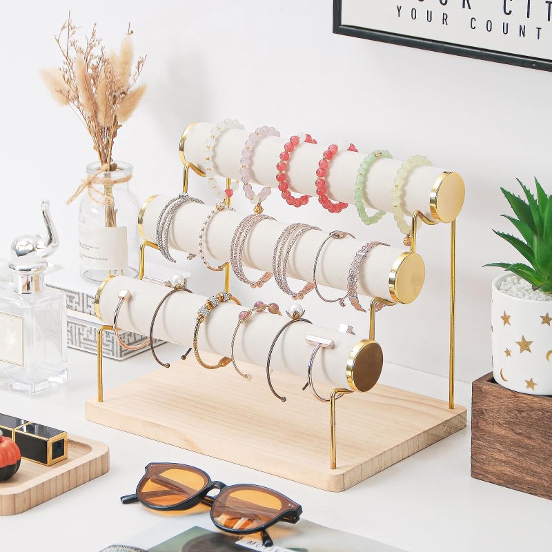 Pengup Bracelet Holder, Bracelet Displays for Vendors, 3 Tier Jewelry Organizer Stand for Selling, Jewelry Necklaces Storage Rack with Wood Base (Beige+Gold) - Image 2