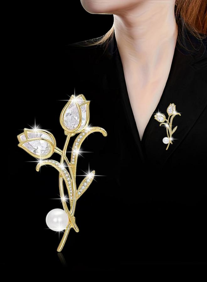 Take Two Flower Shaped Rhinestone Embellished Brooch - Image 1