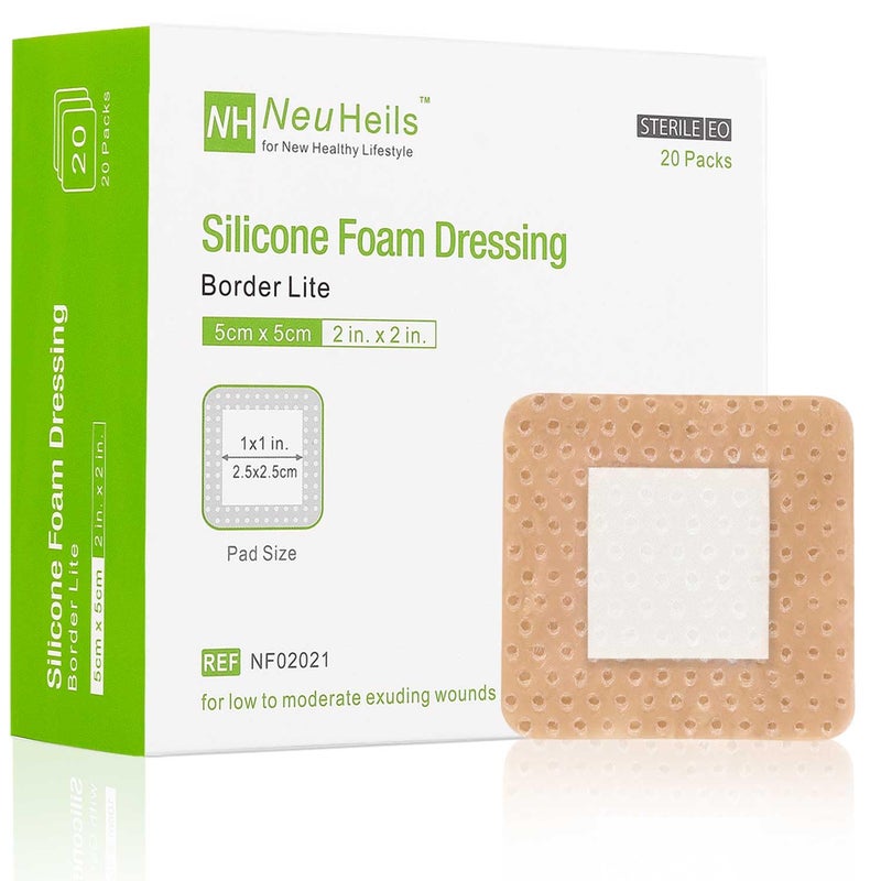 NeuHeils Silicone Foam Dressing Gentle Border Lite 2''x2'', Pad Size 1''x1'', 20 Pack for Small Bed Sore Pressure Ulcer Wound Bandages Patches - Image 1