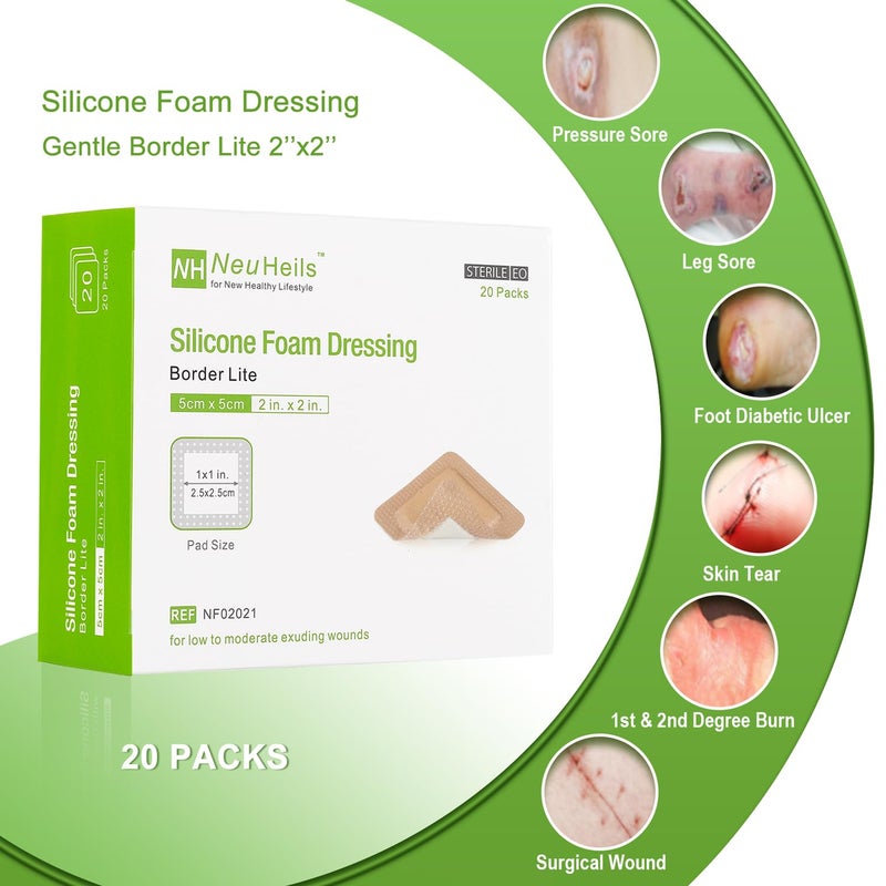 NeuHeils Silicone Foam Dressing Gentle Border Lite 2''x2'', Pad Size 1''x1'', 20 Pack for Small Bed Sore Pressure Ulcer Wound Bandages Patches - Image 2