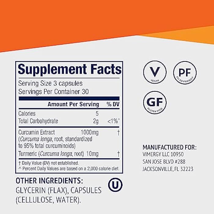 Vimergy Curcumin with Turmeric Supplement, 1000mg Curcumin Extract/Serving – Liquid Capsules - Non-GMO, Gluten-Free, Kosher, Vegan & Paleo Friendly Turmeric Curcumin Supplement - Image 4